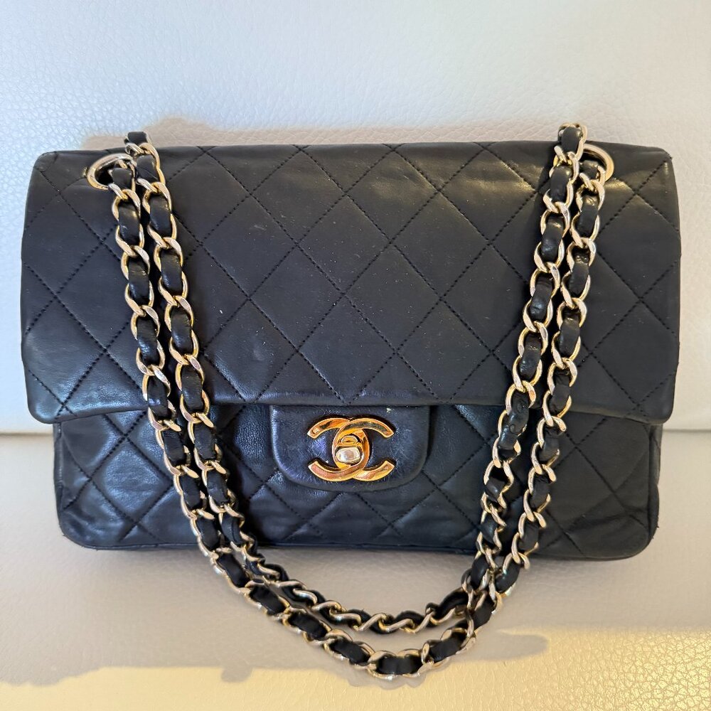 CHANEL VINTAGE CLASSIC SMALL DOUBLE FLAP BAG PURSE BLACK LAMBSKIN